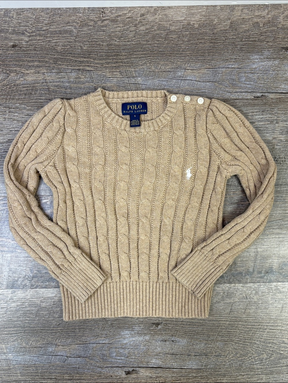 Polo Ralph Lauren Girls Size 5 Cable Knit Cotton Sweater Tan Puff Sleeve